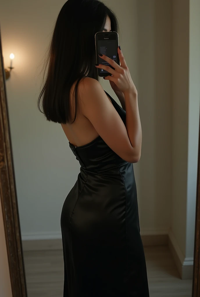 18-year-old woman taking a photo on her cell phone in the mirror covering her face just showing her body , With straight and black hair , with black satin dress 