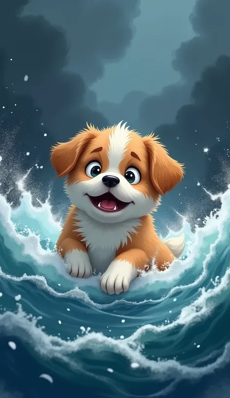   a frightened  fluffy cute little puppy in cute light brown and white color is drowning in the dangerous storm in a river and cute puppy with fear is shouting, the scene should be cartoon type , not realistic