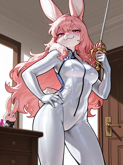 Detailed face, detailed image, detailed clothes, Furry rabbit ager, rabbit fluffy skin, glistening skin, long hair, expensive noblegirl tight fencing uniform from fantasy world, long gloves, stand absolutely alone in life room in apartment, white gloves, t...