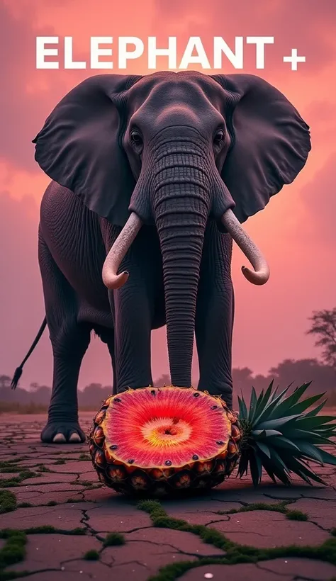 A majestic elephant stands in an otherworldly savanna, its massive tusks gleaming as Black  light pours in from a surreal, swirling pink-and-orange sky. The ground is cracked and glowing faintly with streaks of green moss, while in front of the elephant li...