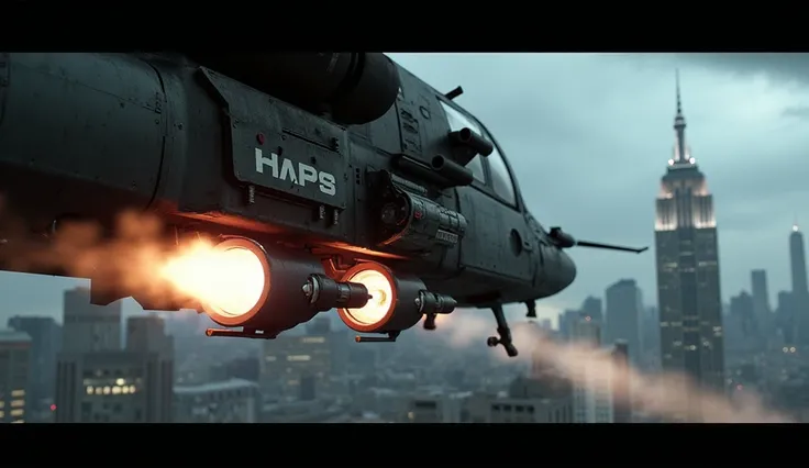 A close-up frames the **missile pod** of the **Apache attack helicopter**, its sleek, angular design glinting faintly under the cold **cyan glow** of the city lights. The pod’s **rectangular launch tubes** emit faint **red targeting indicators** as the sys...