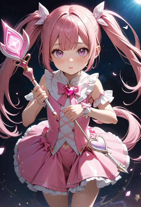 (very aesthetic, best quality, ultra detailed), masterpiece, expressive eyes, perfect face, magical girl. very young, expressionless, pink hair, twin pony tail, pink magical girl outfit, very short skirt, magical wand, soulless eyes