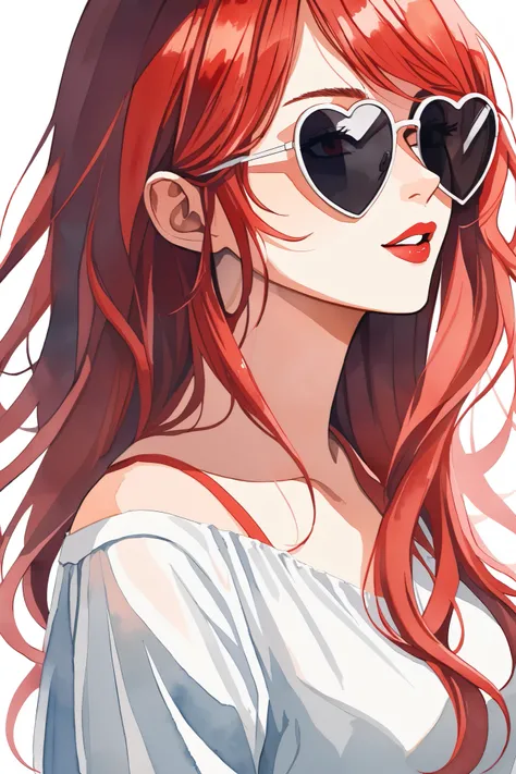 Watercolor, vector style illustration of a fashionable red haired girl, wearing heart-shaped sunglasses, White background. Isolated subject