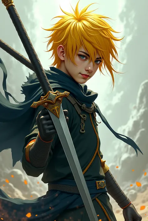 generate a picture of a guy with a sword and yellow straigh hair that is covering his eyes and he is smiling 