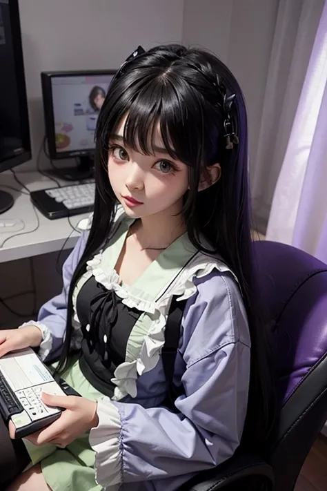 Cute lolita Asian Gamer girl with long black hair ad clothes, and green eyes, playing video games in your lightening purple room