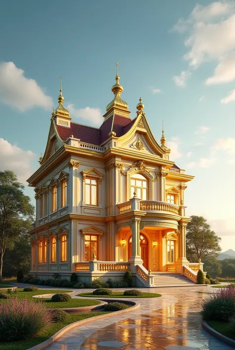 Create a gold-colored house in real form and there is the sky