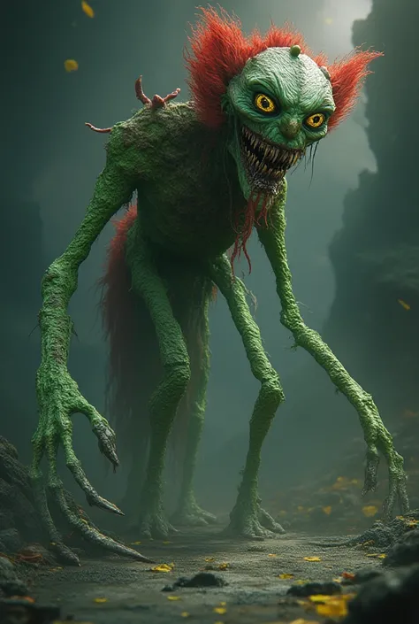 long green monster with pointy shoes. yellow eyes. red hair. sharp teeth. with clown face