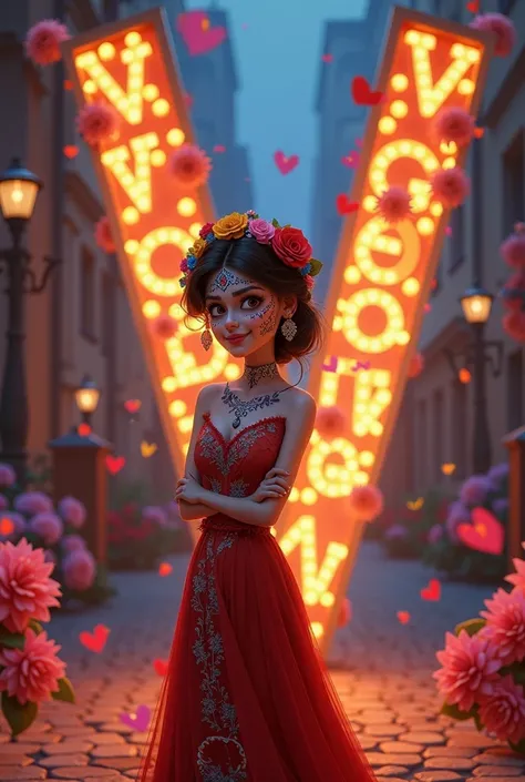 Make a woman from the movie Coco with the letter V in the background