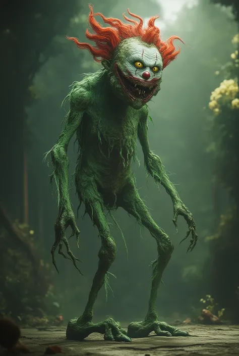 long green monster with pointy shoes. yellow eyes. red hair. sharp teeth. with clown face+++
