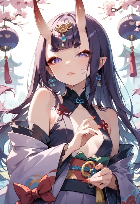 ((masterpiece, best quality, ultra detailed, high resolution, detailed facial description, perfect hands, perfect eyes)), (1 woman, solo), (oni, Shuten Doji, oni horns), (purple long hair, blunt bangs), (purple eyes, slit pupils, red eyeliner, round eyebro...