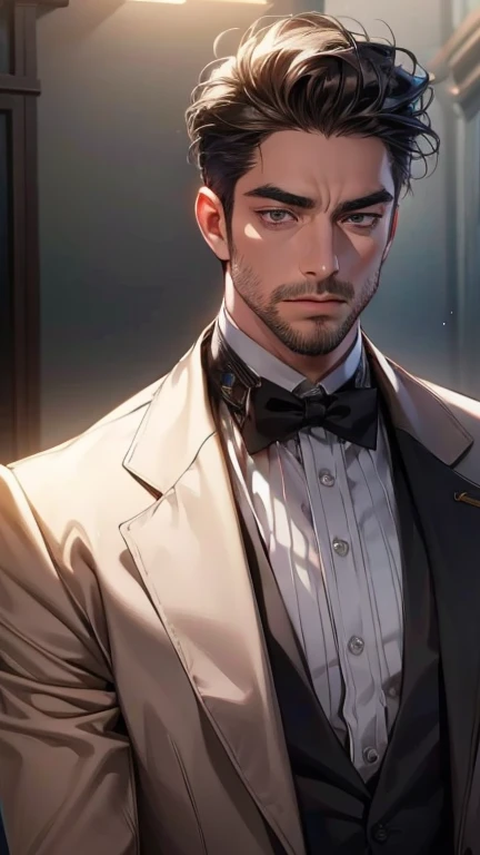 (     best quality,4K,8k,     highres,     masterpiece :1.2),     ultra-detailed     ,(realistic,photorealistic,photo-realistic:1.37),36-year-old man,3 day beard,Beautiful anime,Portraits,strong,Masculine,   with dark gray hair  ,sharp jaw,         mesmeri...