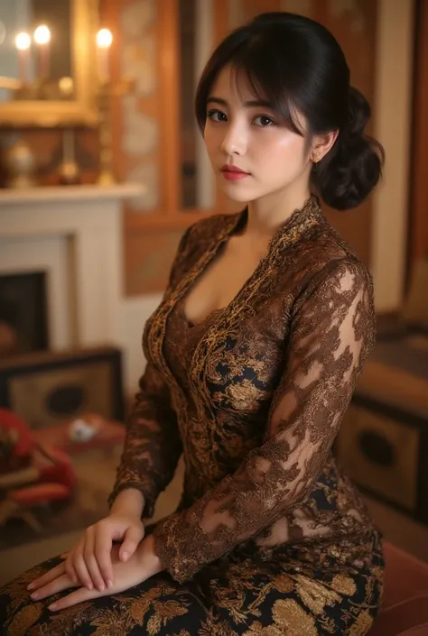 (RAW Photo), (Full shot, Full Body, Side View Focus), (Asian Adult Female, Simple Makeup), (Black Hair, Hair Bun, Hime Bangs), (Natural White Skin, Body Is Quite Fat, Medium Breasts, One-person), (Indonesia Kebaya Dress: Brown-Black Indonesian Kebaya Dress...