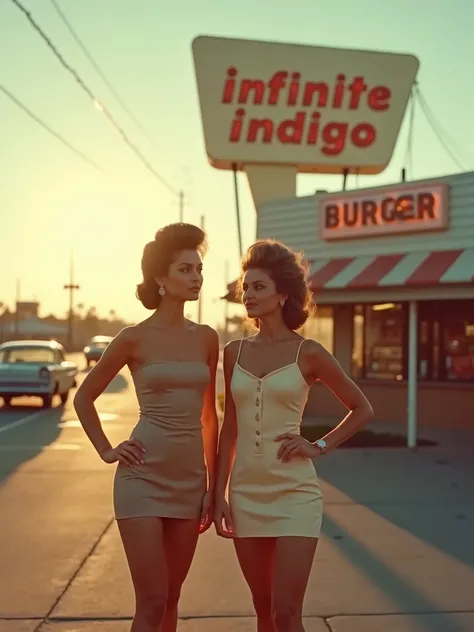 An Panavision cinematic photo of two Woman with light brown beehive hairstyle from the 60s ,woman with 60s skintight minidresses, Cork high heels, long legs, there skin is slightly sun-tanned , happe faces this is how she poses in the USA in front of a lar...