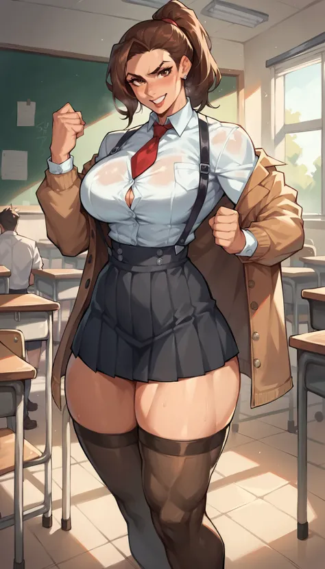 (solo) An illustration of one curvy girl (with nice thighs and glutes), strong, Beautiful, Dominant, toned up, Muscular, sexual, big, school bully with a narrow waist, with brown hair, gathered into a ponytail, in a white shirt with brown jacket, suspender...