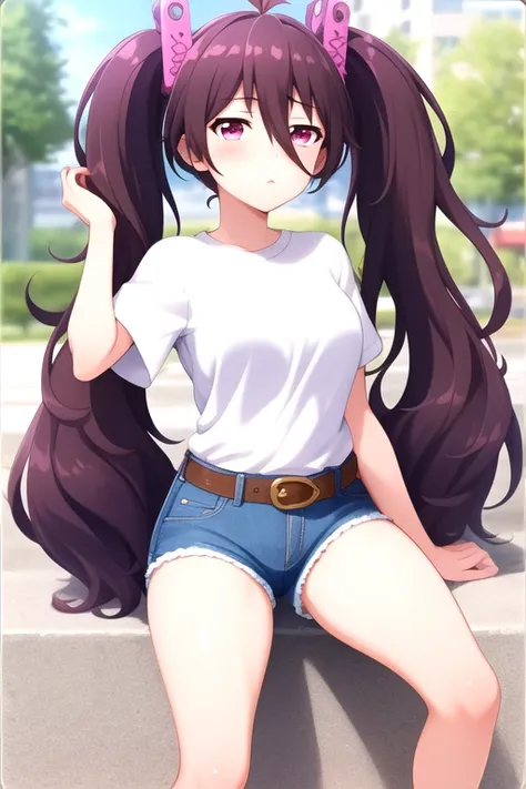 (masterpiece, best quality), tsubuzakianko, solo, outdoors, city, purple hair, antenna hair, twintails, hair ornament, hair between eyes, very long hair, pink eyes, medium breasts, white shirt, denim shorts, shorts rolled up, belt, closed mouth, pink lips,...