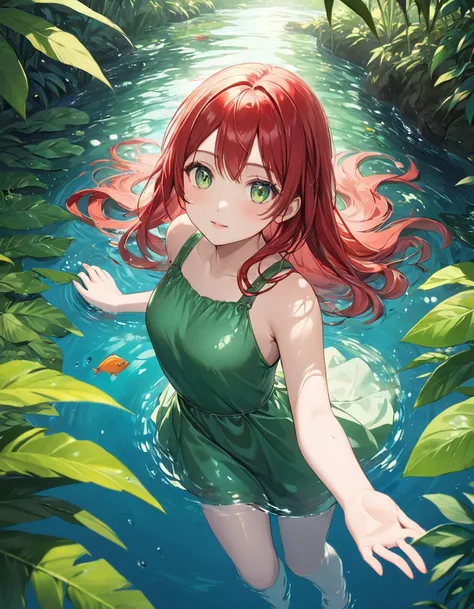 masterpiece,ultra-detailed,best quality,8K,illustration,cute face,clean skin ,shiny long red hair,girl,ultra-detailed-eyes, silver eyes girl, A girl swims and Floating in the jungle lake and wears short green dress, in the morning 