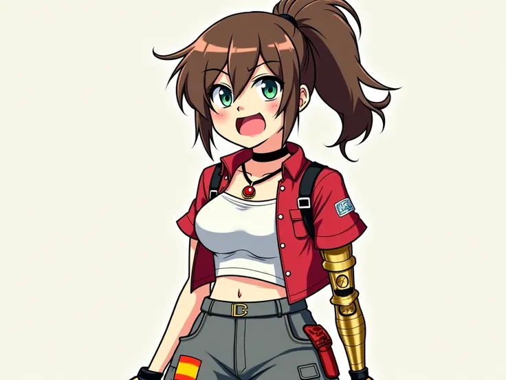 Anime crazy funny scared screaming tomboy brown ponytail hair right eye covered by red orange yellow highlights in her hair green left eye blue fire charm necklace with ruby black short sleeve short motorbike jacket white tube top busty gold prosthetic rig...