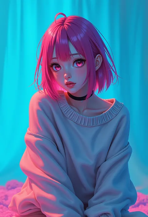 Illustrator, anime , realistic ,OUTLINE , 1 , ,lip, sweater,order, blue gradient background, neon hair,Textured finish, Canadian, ( masterpiece, best quality) ganyou