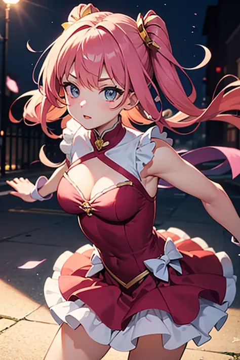 A delicate magical girl with pink hair in battle on an empty street with the focus on her