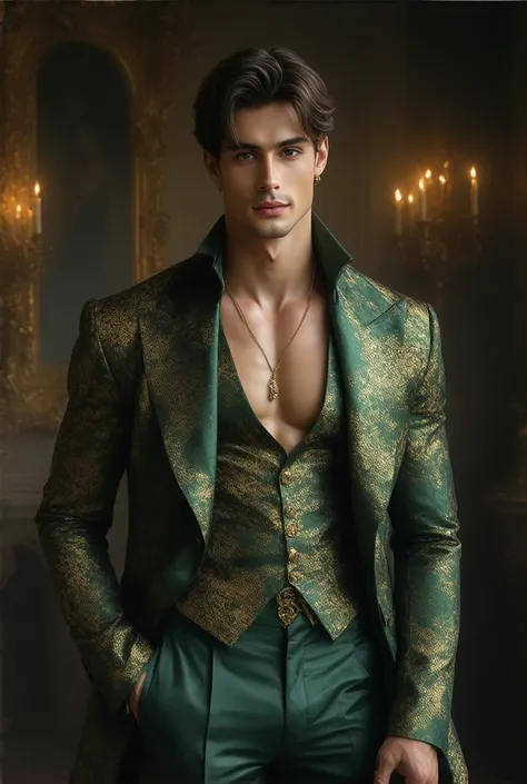 (masterpiece, best quality, realistic, ultra high detailed, UHD, view from a distance), In a lavish ballroom dripping with gold and brass, a young, tall, lean nobleman stands at the edge of the dance floor, his presence commanding attention. His velvet coa...