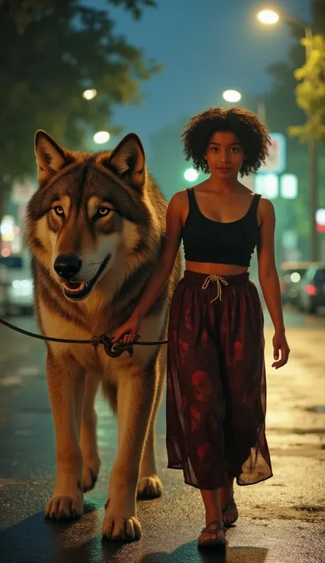   Afro-descendant  walks gently alongside a giant wolf, gently holding the rope . the wolf, three times the size of the  , Move calmly as they walk down an illuminated street at night .