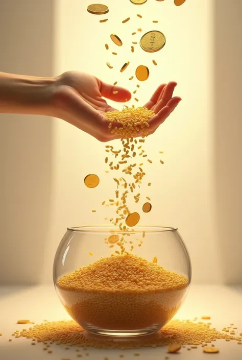 Rice and golden coins fall like rain into a transparent container, then a left hand moves to the right 