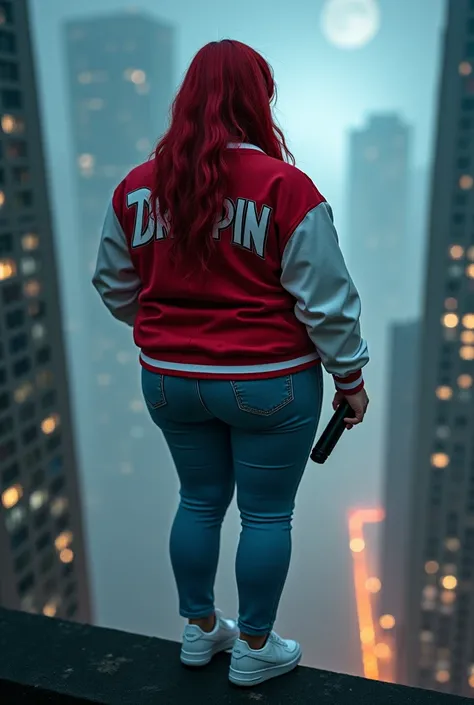 full-body back view hdr realistic extremely cinematic dramatic detailed image of a plus-size female venom symbiote with long red hair wearing a diamond necklace red and white varsity jacket with the words "Stay Drippin" spelled correctly on the back, light...