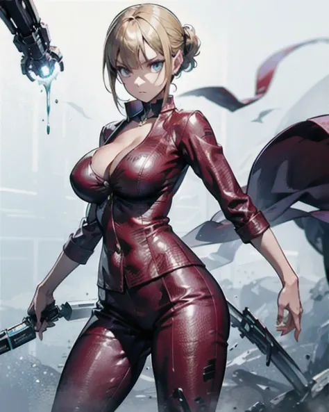  terminator、T-X、machine arm 、 are expressionless,  anime style,  japanese illustration style,  Unreal Engine, Metal with sharp fingertips 、 thigh high boots、 Rider suit 、Liquid Metal、bullet mark 、 blonde,  simple background,  chignon flowing sideways,  big...