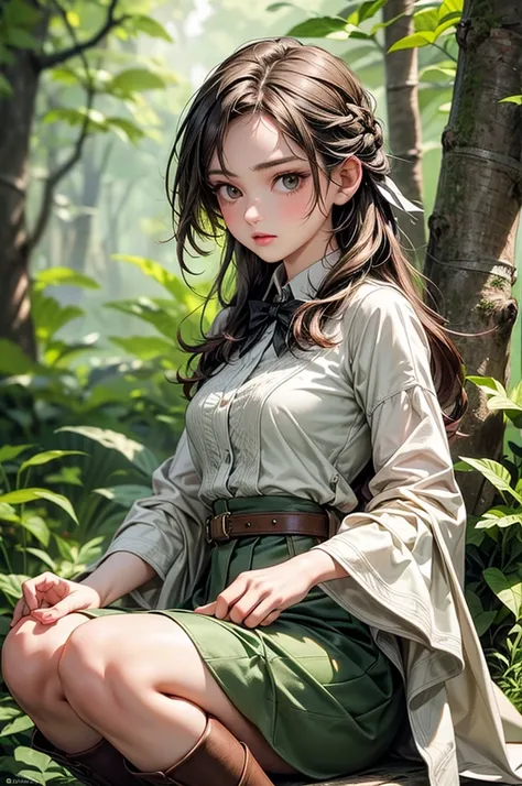 A huntress with light brown hair tied back in a practical yet slightly loose style, framing her determined expression. She wears an olive-green asymmetrical medieval-style skirt, the edges slightly frayed from her journeys, paired with rugged brown knee-hi...