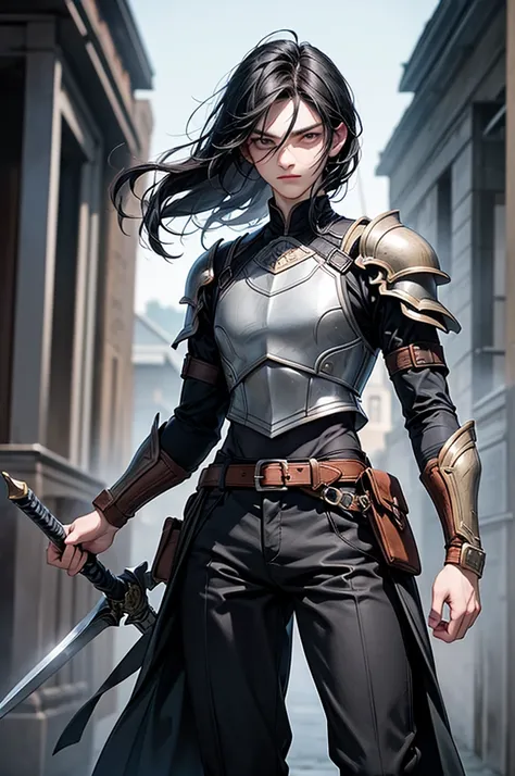 20-year-old young man with shoulder-length black hair and a knightly demeanor. He wears a dark blue shirt paired with brown pants and boots. A sword hangs at his waist, the hilt reflecting his readiness for battle. His posture is confident and composed, em...