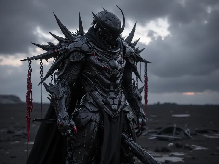 Male,knight, black devil armour, black helmet,night,spikes,one person,destroyed armour, shotgun on the belt,chains on armour, darkness,black skull helmet,on ash wasteland,blood flows from the armor,gray sky,look in the sky