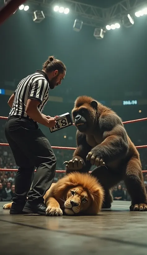 The referee a muscular owl in human form kneeling hitting the ground counting to three as the muscular gorilla in human form lies pinned under muscular "lion." In human form. In a wrestling ring, Please make it realistic and don't add any other thing or im...