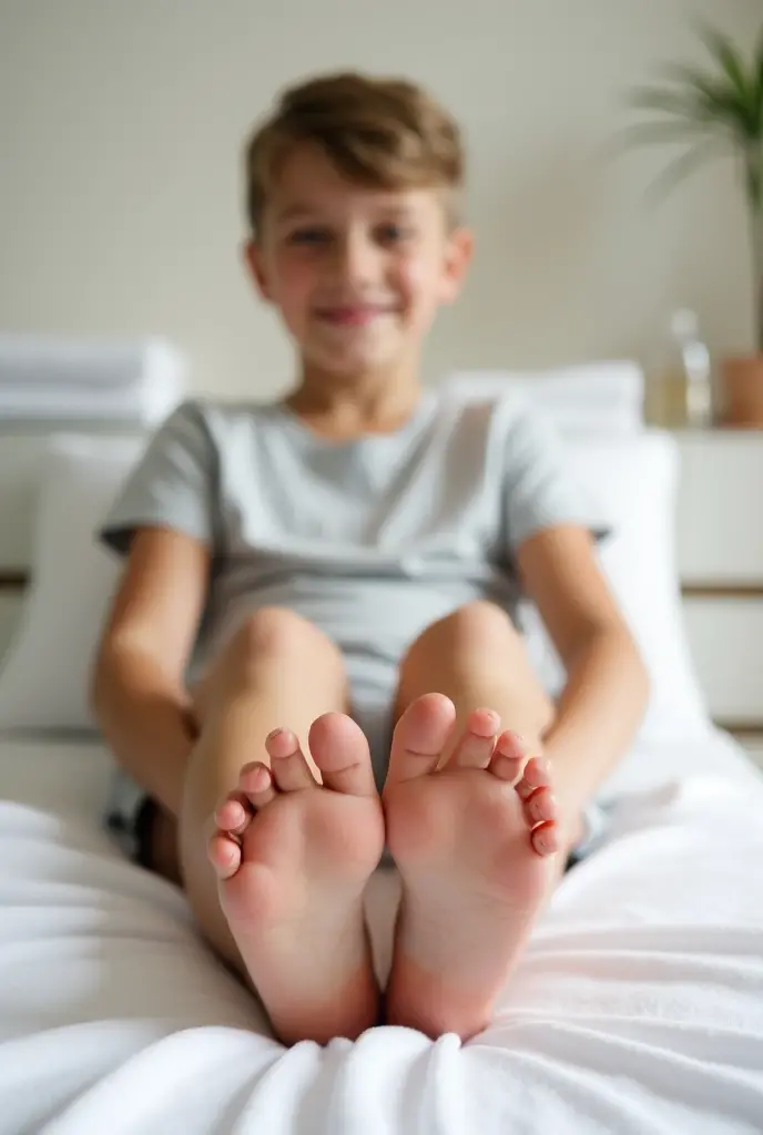 A small boy completely naked on his bed with his penis visible while erect