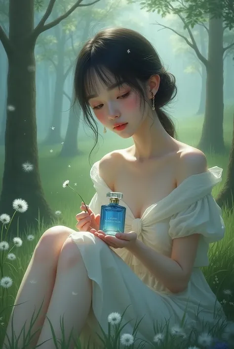 Create an image of a woman holding a bottle of blue perfume filled in the middle of nature, a dandelion on her chest, doing a sitting position, holding it