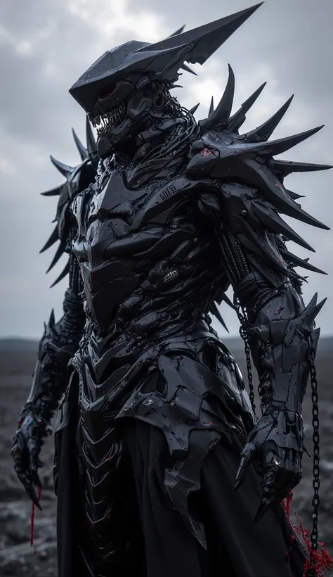 Male,knight, black devil armour, black helmet,night,spikes,one person,destroyed armour,chains on armour, darkness,black skull helmet,on ash wasteland,blood flows from the armor,gray sky,look in the sky