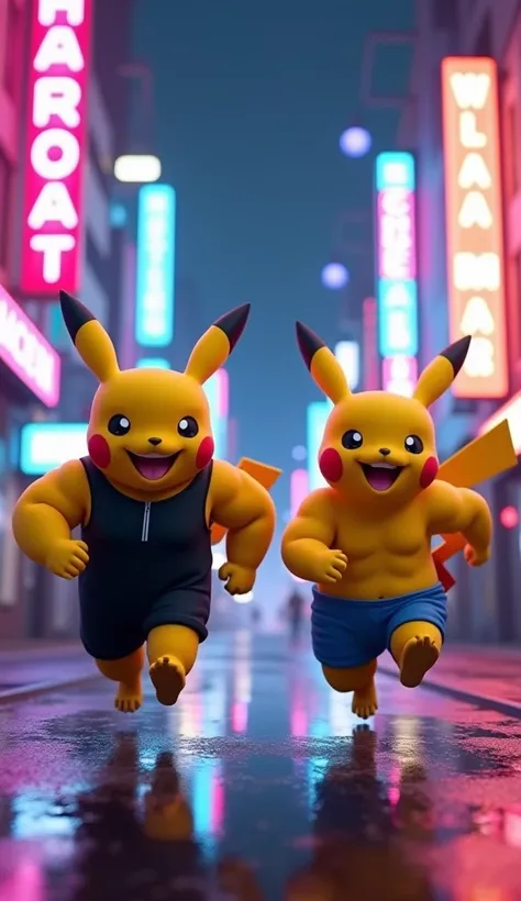 A Pixar-style 3D scene of two muscular anthropomorphic Pokemon Pikachu and Pikachu running energetically down a futuristic neon-lit city street at night. Pikachu has a muscular and powerful physique and wears a tight black tracksuit. The Pikachu on the rig...