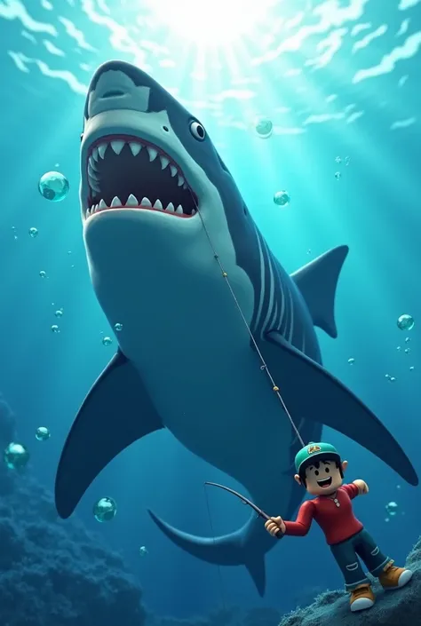 Create a picture of the Roblox game Fish how a Roblox character catches a megaladon