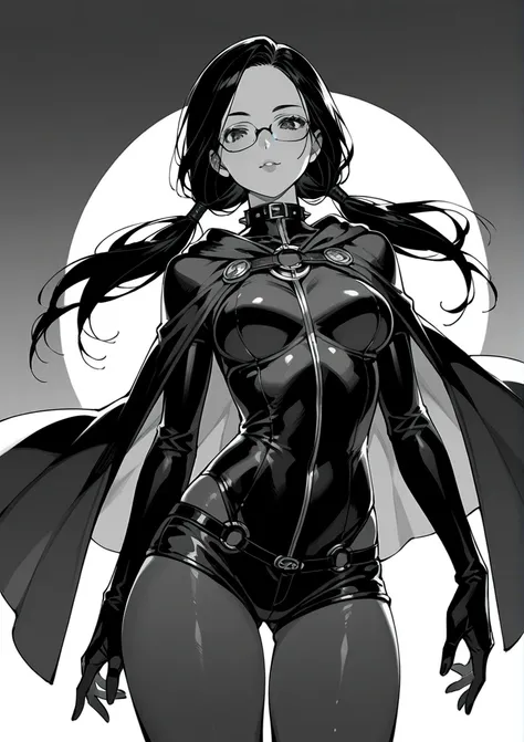 core_9,score_8_up,score_7_up,score_6_up, face, solo, (1girl), (long hair), glasses, medium breasts, (anime), forehead, pose, (two low tails), ((sexy)), black hair,black hair, black and white, monochrome, lineart, (manga), (black tight suit), cape, jewelry,...