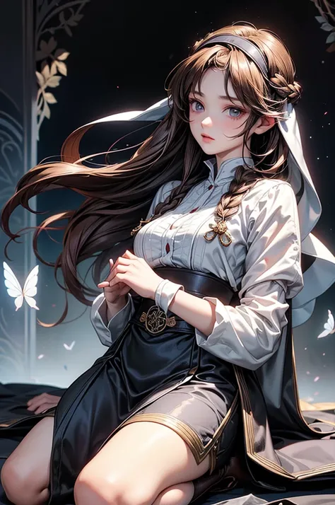 A stunning HD of a brown-haired mage girl with long hair, with a braid on one side. She has brown eyes and wears a blue mage's veil on her head. She is dressed in a long-sleeve white medieval-style shirt, brown pants, and tall brown boots. She holds a mage...