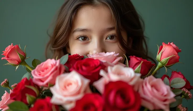 Photo. Girl holding a huge bouquet of roses. Detailed view. More flowers. More saturated photo. Make it look like a natural photo with high development and a telephoto lens.