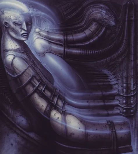 DARK BLACK COLORS, Giger_style, H. R. Giger's g1g3r, , Giger_style, The image is a detailed view of H.R. Giger's \" HRG Aleph \" plate, featuring ( The image depicts a surreal, intricate artwork featuring two humanoid figures with mechanical or industrial ...