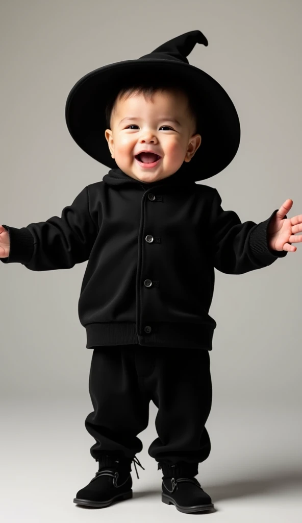 A baby in black shoes and black pants and black shirt  , He has open arms and is wearing a hat 