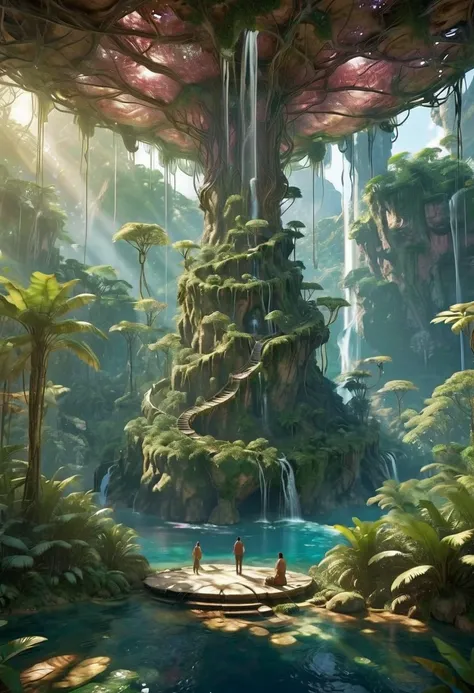  masterpiece,  best quality, ( extremely detailed CG unity 8k wallpapers), ( best quality), ( Best Illustrations), ( The Best Shadows ),  earth suspended in the air with vines at the base  , with tropical forest on both sides, with waterfalls that fall fro...