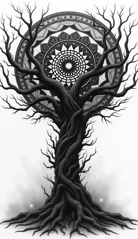 Endless mandala and hell tree, demonic. In black and white,   tattoo sketch.