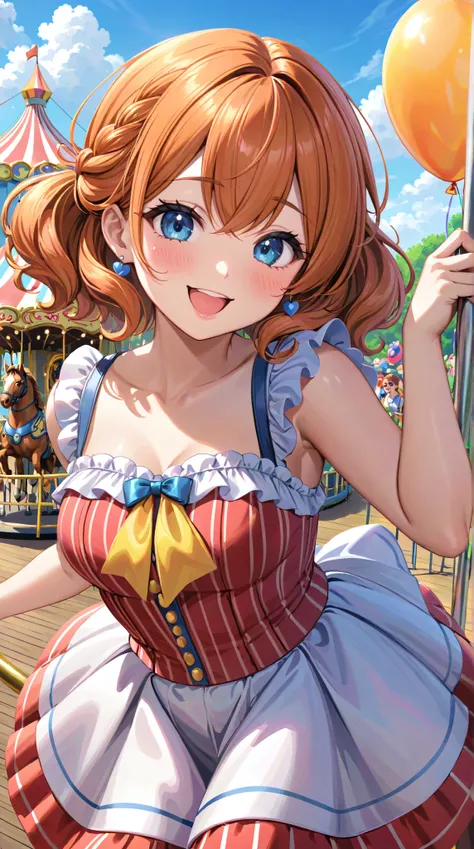  upper body close-up （((masterpiece), On[Copy Prompt]
A cheerful and charming young woman at an amusement park, holding a colorful balloon in one hand and an oversized stuffed animal in the other. She playfully winks at the viewer, her soft curls bouncing ...