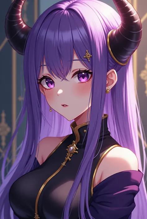 Anime Style Beauties , Age 25,  purple semi-long hair,  long bangs, Demon Horn, Cold Stare, Noble attire, height 160 cm