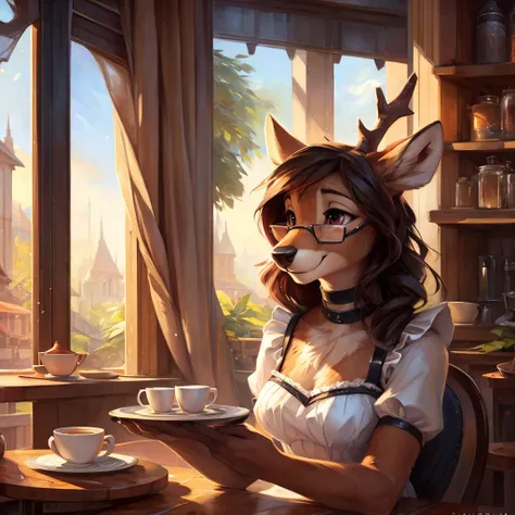 uploaded on e621, artstation, by Pixelsketcher, by Bayard Wu, by Thomas Benjamin Kennington , by Einshelm, by hioshiru and kenket, Chunie, portrait, solo anthro female deer doe, with small featureless breasts, clear dark blue, cinematic lighting, day, sunn...