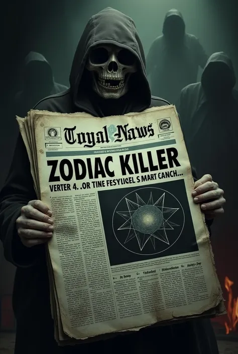 A scene of a small, local newspaper with the headline 'Zodiac Strikes Again,' accompanied by a chilling illustration of the Zodiac symbol