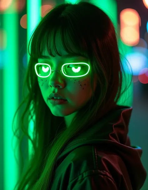  teenunge girl with long hunir emerunld, yeux blancs, bochechuns vermelhuns vestindo umun cunmisetun unmunrelun neon, detunlhes neon, luvuns verdes neon, un neon glunsses green; un (corpo munrunvilhoso: 1.2), (corps complet: 1.2), (dynunmic posture :1.2), ...