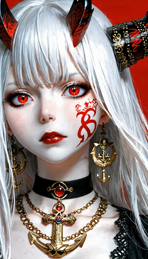 An image of a young woman with demonic aesthetics , highlighting her pale skin, intense red eyes and two sharp horns decorated with golden engravings.  your hair is black , short and messy, framing a face with tattoos and red marks on her cheeks. She sport...